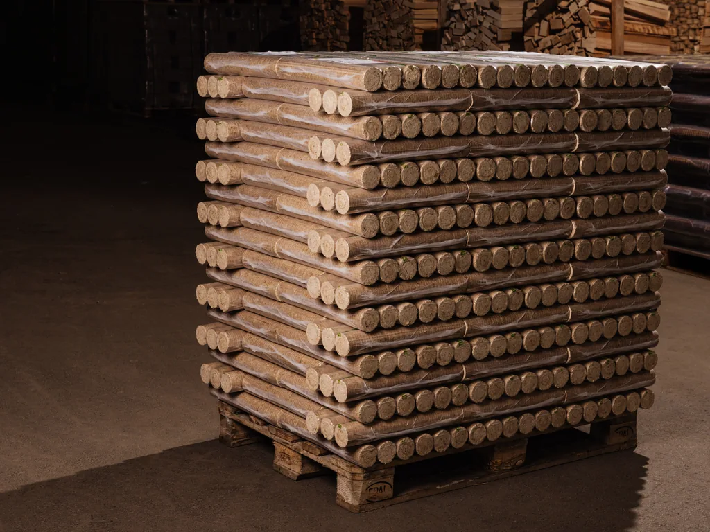Runde Hartholzbriketts auf Palette im Brennstofflager
